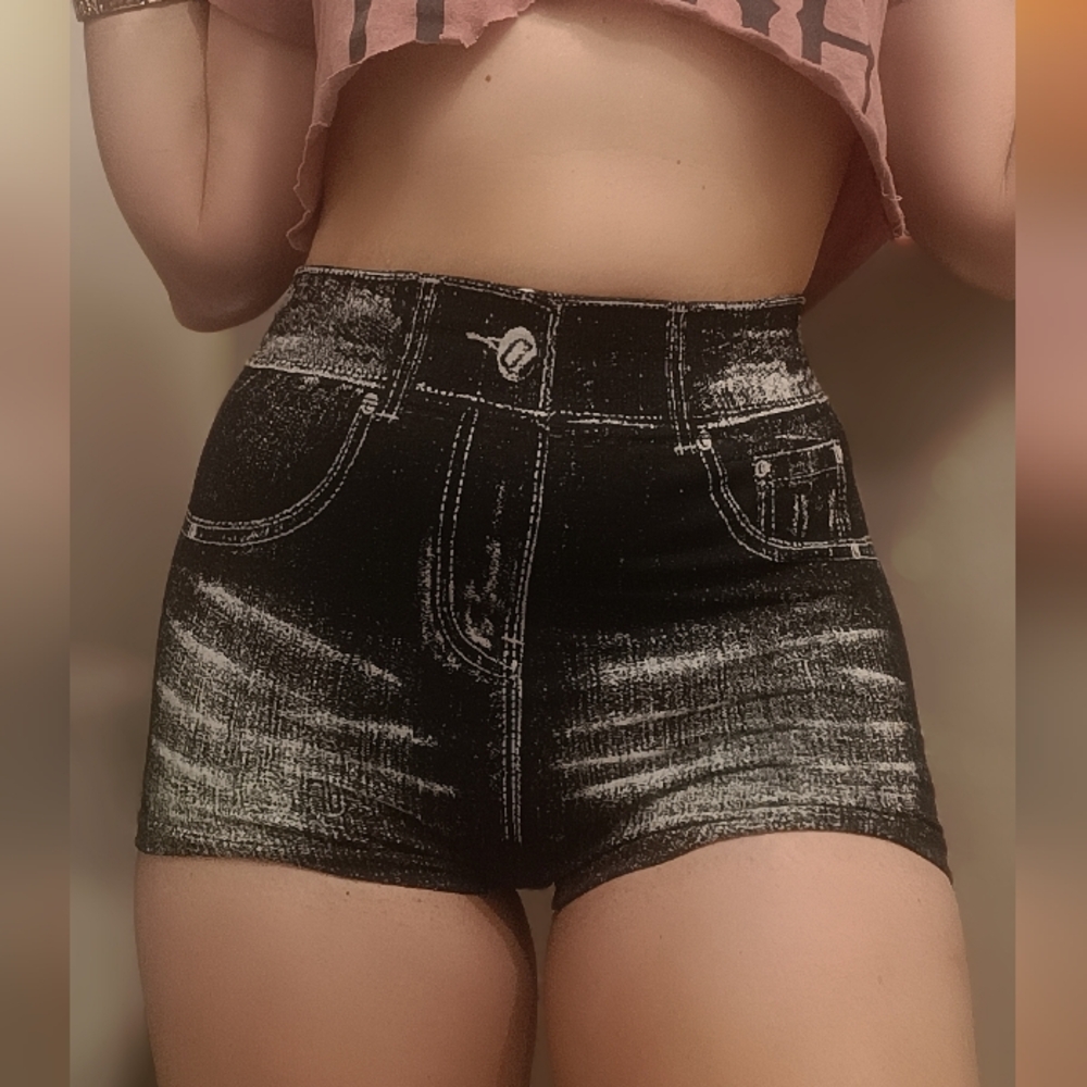 Gym Shortie Shorts - Denim Print Design On Stretchy Spandex